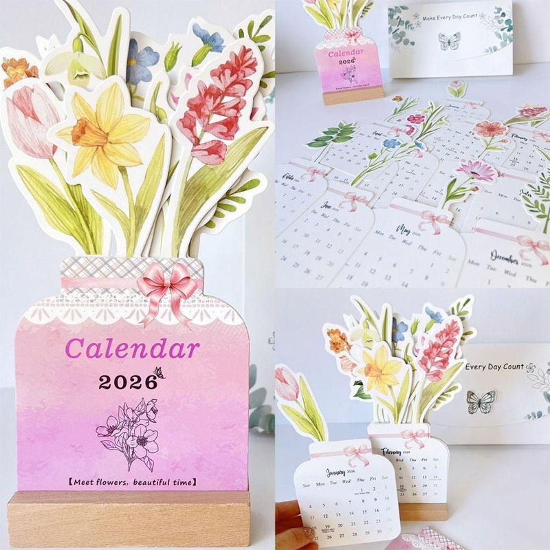 Flower Desk Calendar 2026 with Wooden Stand, Bloomy Bouquet Calendar, Removable Monthly Planner for Office Accessories, Home Decoration - Image 2